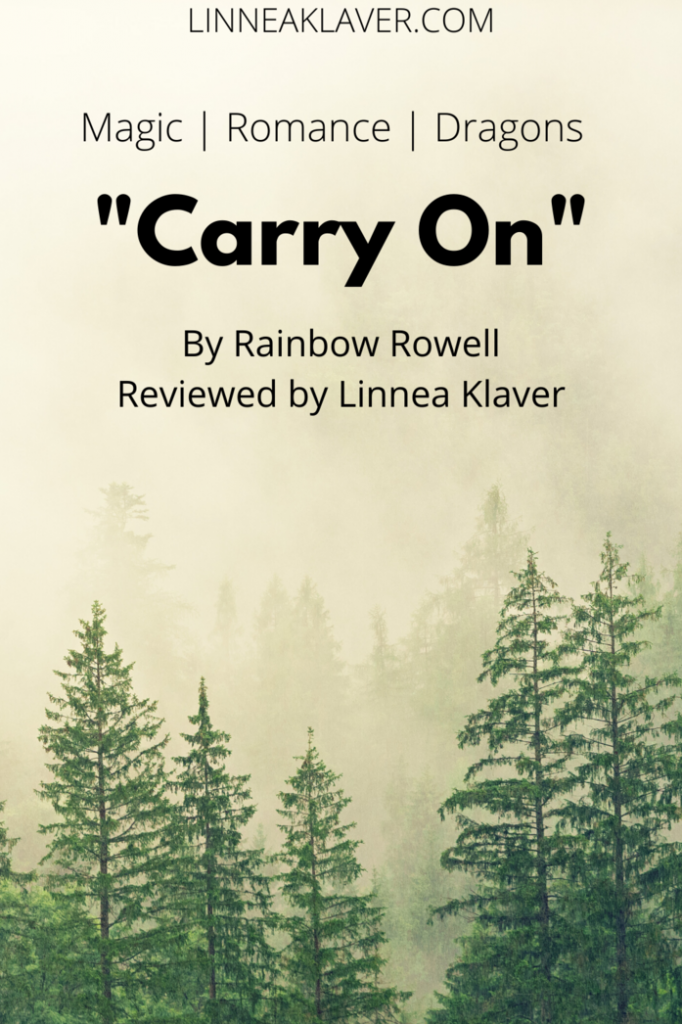 Pinterest Pin with Trees Review of Carry on By Rainbow Rowell