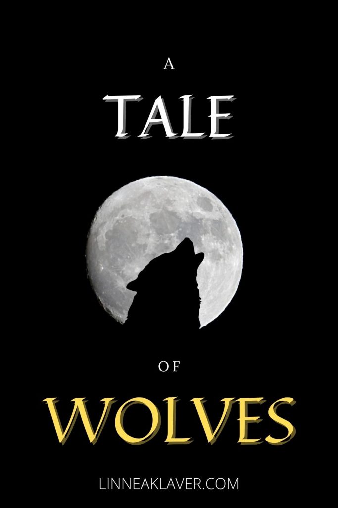 A pinnable cover image for A Tale of Wolves picturing the black silhouette of a wolf against a full moon