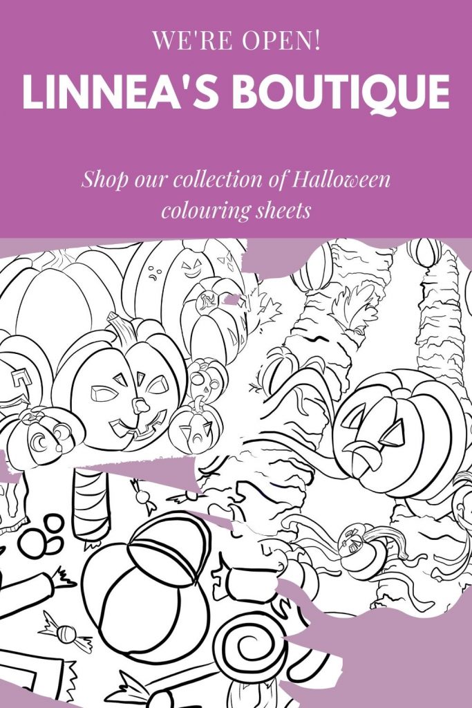 Pinterest Pin announcing the opening of Linnea's Boutique and preview of colouring pages