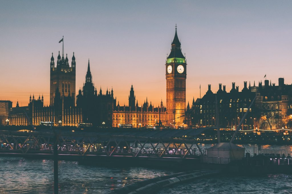 London at night lit up Big Ben